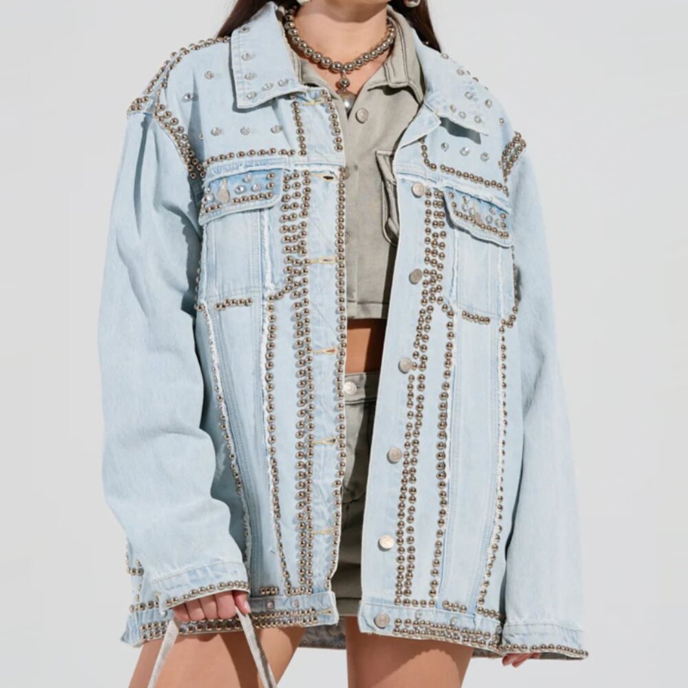 Akira Game Time Studded Rhinestone Embellished Longline Denim Jacket